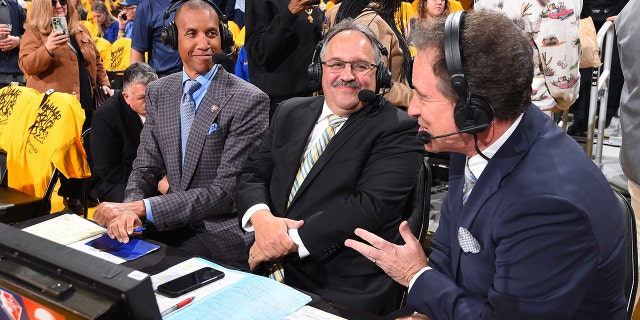 TNT Analysts, Reggie Miller, Stan Van Gundy and Kevin Harlan look on during Game 2 of the 2022 NBA Playoffs Western Conference Finals on May 20, 2022 at Chase Center in San Francisco, California.