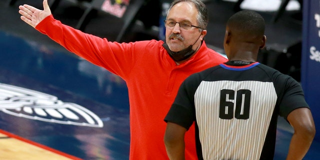 Head coach Stan Van Gundy argues a call to referee James Williams #60 during the second quarter of an NBA game against the New York Knicks at Smoothie King Center on April 14, 2021 in New Orleans, Louisiana.