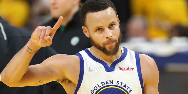 Stephen Curry gestures during the NBA Finals in San Francisco, June 13, 2022.