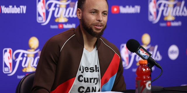 Stephen Curry #30 of the Golden State Warriors talks to the media after Game Five of the 2022 NBA Finals on June 13, 2022 at Chase Center in San Francisco, California.