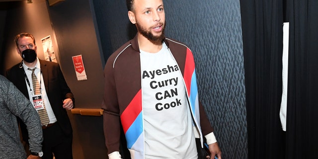 Stephen Curry #30 of the Golden State Warriors walks to the press conference after Game Five of the 2022 NBA Finals against the Boston Celtics on June 13, 2022 at Chase Center in San Francisco, California.