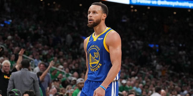 Stephen Curry #30 of the Golden State Warriors looks on during Game Six of the 2022 NBA Finals on June 16, 2022 at TD Garden in Boston, Massachusetts.
