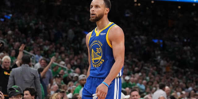 Stephen Curry #30 of the Golden State Warriors looks on during Game Six of the 2022 NBA Finals on June 16, 2022 at TD Garden in Boston, Massachusetts.