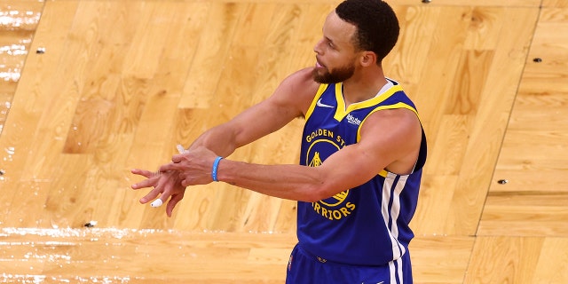 Stephen Curry #30 of the Golden State Warriors celebrates a three pointer against the Boston Celtics during the third quarter in Game Six of the 2022 NBA Finals at TD Garden on June 16, 2022 in Boston, Massachusetts.