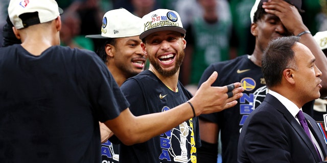 Stephen Curry #30 of the Golden State Warriors celebrates after defeating the Boston Celtics 103-90 in Game Six of the 2022 NBA Finals at TD Garden on June 16, 2022 in Boston, Massachusetts.