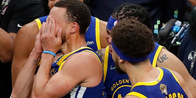 Golden State Warriors guard Stephen Curry reacts after the Warriors defeated the Boston Celtics in Game 6 of the NBA Finals, Thursday, June 16, 2022, in Boston.
