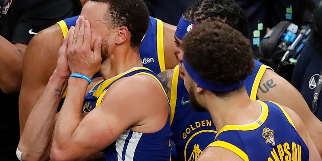 Golden State Warriors guard Stephen Curry reacts after the Warriors defeated the Boston Celtics in Game 6 of the NBA Finals, Thursday, June 16, 2022, in Boston.