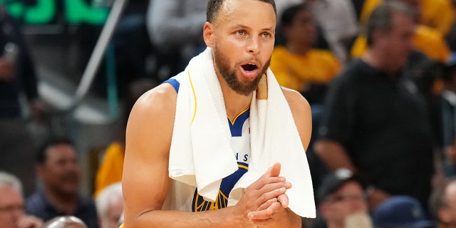 Stephen Curry of the Golden State Warriors celebrates during the NBA Finals on June 5, 2022, at Chase Center in San Francisco, California.