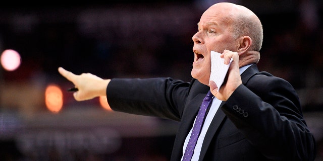 FILE - Charlotte Hornets head coach Steve Clifford points during the second half of an NBA basketball game against the Washington Wizards, on March 31, 2018, in Washington.