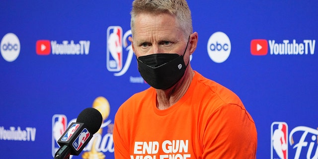 Steve Kerr of the Golden State Warriors talks to the media during a press conference before Game Two of the 2022 NBA Finals against the Boston Celtics on June 5, 2022 at Chase Center in San Francisco, California. 