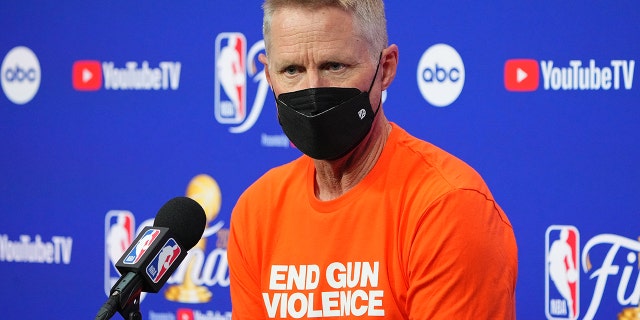 Steve Kerr of the Golden State Warriors talks to the media during a press conference before Game Two of the 2022 NBA Finals against the Boston Celtics on June 5, 2022 at Chase Center in San Francisco, California. 