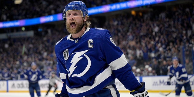 Tampa Bay Lightning center Steven Stamkos reacts after his goal during the first period of Game 6 of the NHL hockey Stanley Cup Finals against the Colorado Avalanche on Sunday, June 26, 2022, in Tampa, Fla. 
