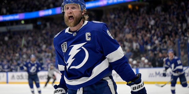 Tampa Bay Lightning center Steven Stamkos reacts after his goal during the first period of Game 6 of the NHL hockey Stanley Cup Finals against the Colorado Avalanche on Sunday, June 26, 2022, in Tampa, Fla. 