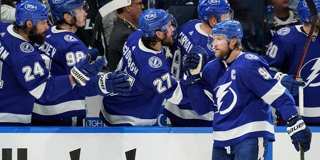 Lightning center Steven Stamkos celebrates his goal against the New York Rangers during the Eastern Conference finals Tuesday, June 7, 2022, in Tampa, Florida.