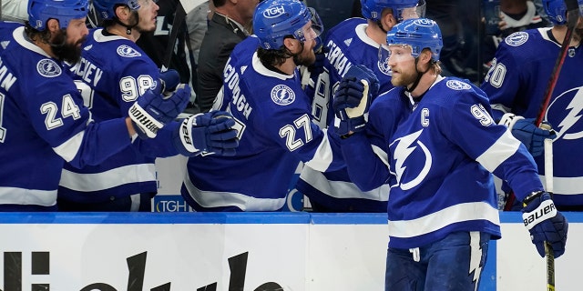 Lightning center Steven Stamkos celebrates his goal against the New York Rangers during the Eastern Conference finals Tuesday, June 7, 2022, in Tampa, Florida.