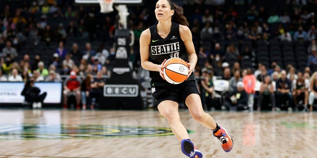 Sue Bird #10 of the Seattle Storm dribbles against the Las Vegas Aces during the first quarter at Climate Pledge Arena on June 29, 2022 in Seattle, Washington. 