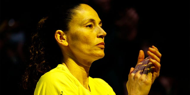 Sue Bird #10 of the Seattle Storm looks on before the game against the Las Vegas Aces at Climate Pledge Arena on June 29, 2022 a Seattle, Washington. 
