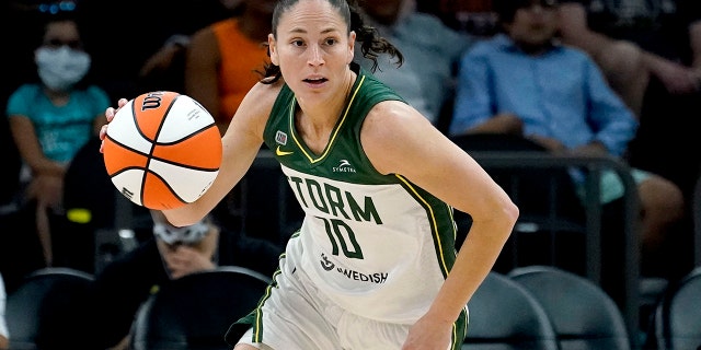 Seattle Storm guard Sue Bird plays against the Connecticut Sun on Aug. 12, 2021, in Phoenix.