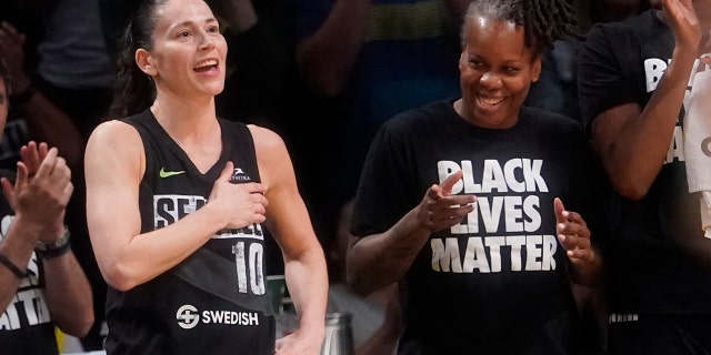 Seattle Storm guard Sue Bird (10) reacts as fans give her a standing ovation during the final seconds of a WNBA basketball game against the New York Liberty, Sunday, June 19, 2022, in New York. 