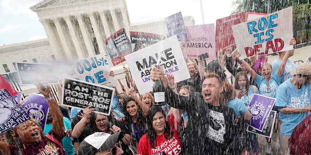 A celebration outside the Supreme Court, Friday, June 24, 2022, in Washington. The Supreme Court has ended constitutional protections for abortion that had been in place nearly 50 years — a decision by its conservative majority to overturn the court's landmark abortion cases. 