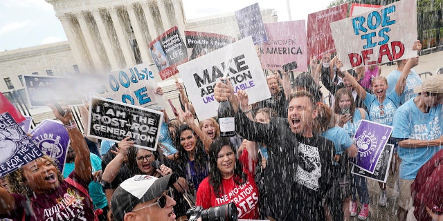 A celebration outside the Supreme Court, Friday, June 24, 2022, in Washington.