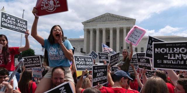 Pro-life protesters celebrate outside the Supreme Court in Washington, Friday, June 24, 2022. 