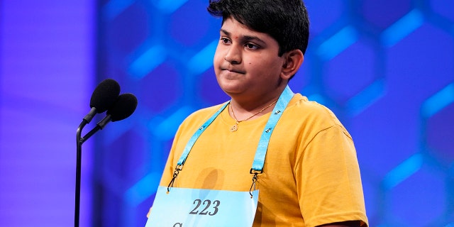 Surya Kapu, 13, from South Jordan, Utah, competes during the Scripps National Spelling Bee, Wednesday, June 1, 2022, in Oxon Hill, Md.