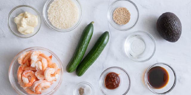 Yumna Jawad of Feel Good Foodie likes to make sushi stacks with cooked shrimp, Persian cucumbers, avocados, sushi rice, sriracha sauce, mayonnaise, salt, pepper and sesame seeds.