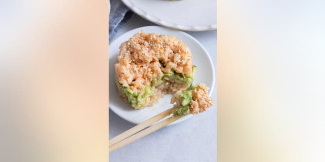 The final product should be rice, seafood and veggie stack that tastes like sushi, but doesn't require nearly as much work to make.