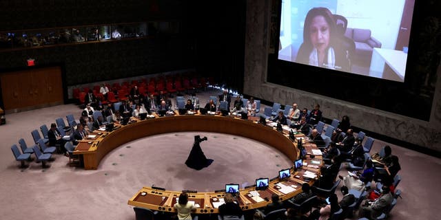 Pramila Patten, the special representative on sexual violence in conflict, is seen on a video screen as she addresses the U.N. Security Council in New York on June 6, 2022, about Russia's invasion of Ukraine. 