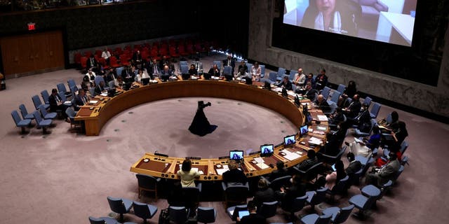 Pramila Patten, the special representative on sexual violence in conflict, is seen on a video screen as she addresses the U.N. Security Council in New York on June 6, 2022, about Russia's invasion of Ukraine. 