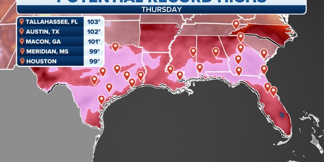Potential record high temperatures on Thursday in the South