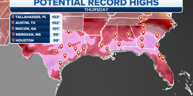 Potential record high temperatures on Thursday in the South