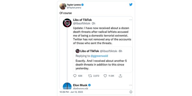Taylor Lorenz tweets about Elon Musk and Libs of TikTok