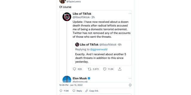 Taylor Lorenz tweets about Elon Musk and Libs of TikTok