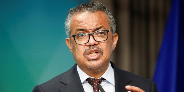 World Health Organization Tedros Adhanom Ghebreyesus gives a statement on the coronavirus disease (COVID-19) vaccination, during a European Union - African Union summit, in Brussels, Belgium February 18, 2022. 