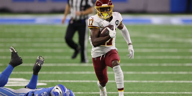 Terry McLaurin (17) of the Washington Football Team runs after a catch against the Detroit Lions at Ford Field Nov. 15, 2020, in Detroit.