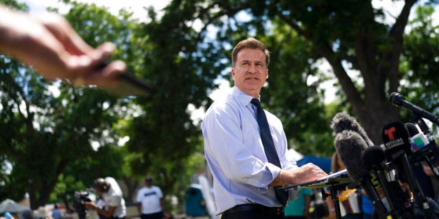 Texas state Sen. Roland Gutierrez, speaks during a news conference held at a town square in Uvalde, Texas, Thursday, June 2, 2022.