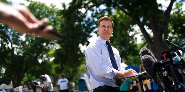 Texas state Sen. Roland Gutierrez, speaks during a news conference held at a town square in Uvalde, Texas, Thursday, June 2, 2022. 