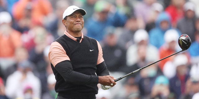Tiger Woods plays his shot from the tenth tee during the PGA Championship at Southern Hills Country Club on May 21, 2022, in Tulsa, Oklahoma.