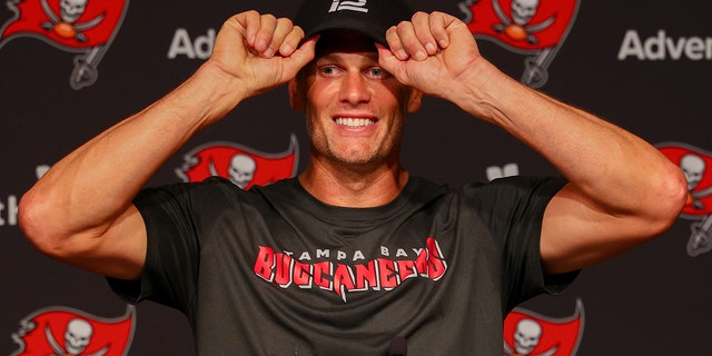 Buccaneers quarterback Tom Brady participates in a press conference during mandatory minicamp at AdventHealth Training Center on June 9, 2022, in Tampa.