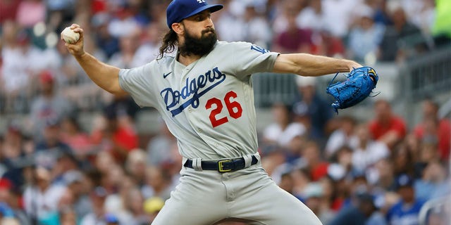 Los Angeles Dodgers starting pitcher Tony Gonsolin throws to an Atlanta Braves batter during the first inning of a baseball game Sunday, June 26, 2022, in Atlanta. 