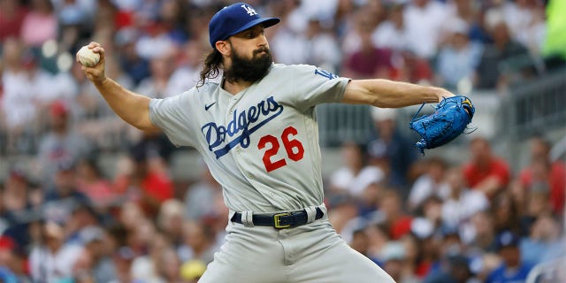 Los Angeles Dodgers starting pitcher Tony Gonsolin throws to an Atlanta Braves batter during the first inning of a baseball game Sunday, June 26, 2022, in Atlanta. 