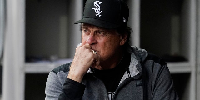 Chicago White Sox manager Tony La Russa looks to the field from the dugout before the team's game against the Texas Rangers in Chicago June 10, 2022. 