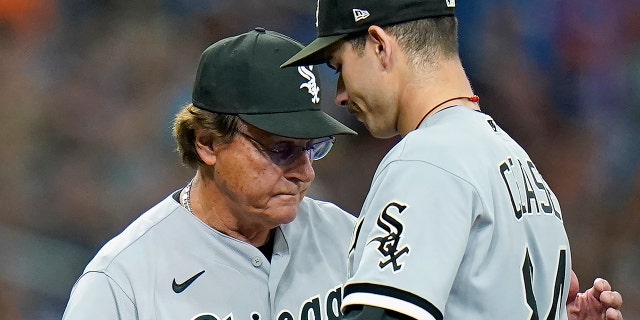 Chicago White Sox manager Tony La Russa, left, takes starting pitcher Dylan Cease (84) out of a game against the Tampa Bay Rays June 4, 2022, in St. Petersburg, Fla.