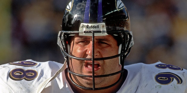 Defensive lineman Tony Siragusa #98 of the Baltimore Ravens looks on from the sideline during a game against the Pittsburgh Steelers at Heinz Field on Nov. 4, 2001 in Pittsburgh, Pennsylvania.  The Ravens defeated the Steelers 13-10. 