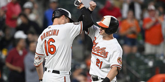 Baltimore Orioles' Austin Hays, right, is congratulated by Trey Mancini after Hays hit a home run against the Washington Nationals during the third inning of a baseball game Wednesday, June 22, 2022, in Baltimore.
