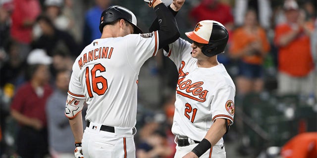 Austin Hayes of the Baltimore Orioles is greeted by Trey Mancini after he hits a home run against the Washington Nationals during the third inning of a baseball game in Baltimore, Wednesday, June 22, 2022.