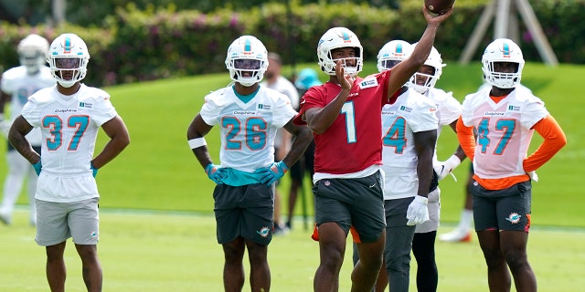 Miami Dolphins quarterback Tua Tagovailoa (1) takes part in drills at the team's practice facility June 2, 2022, in Miami Gardens, Fla.