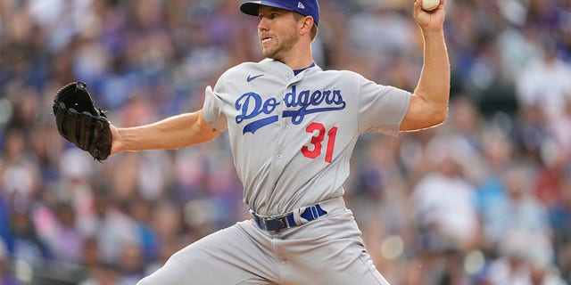 Los Angeles Dodgers starting pitcher Tyler Anderson works against the Colorado Rockies during the first inning of a baseball game Monday, June 27, 2022, in Denver. 